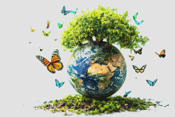 Plant growing out of a globe representing environmental sustainability and global awareness