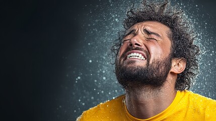 Man in a yellow shirt is crying while rain falls on him. Concept of sadness and vulnerability