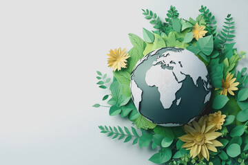 Globe surrounded by lush green leaves and colorful flowers on a white background