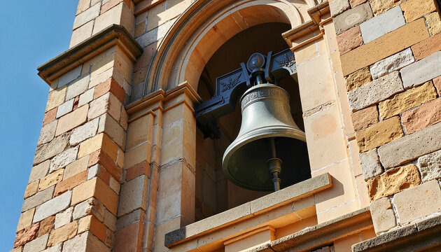 Large bell hanging in a stone tower against a clear blue sky