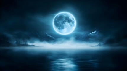 Fototapeta premium A serene moonlit landscape with a glowing moon reflecting on calm waters under a misty sky, creating a mysterious atmosphere.