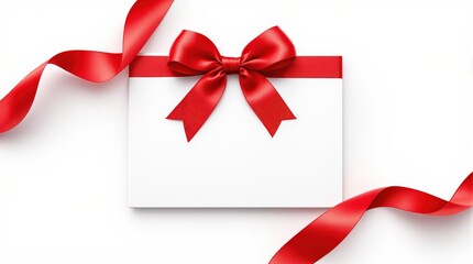 Minimalist Blank White Card with Red Satin Ribbon Bow, Clean Festive Design on White Background for Gift-Giving and Commercial Use