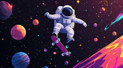 Astronaut Skateboarding Through Vibrant Cosmic Space