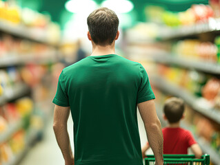 Family bonding father and son grocery shopping in the supermarket