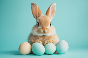 Rabbit sitting next to colorful easter eggs on a light blue background
