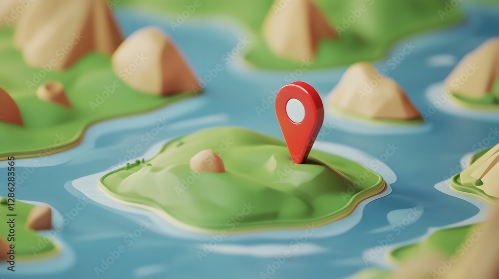 Poster playful cartoon map with colorful landscape of rivers mountains and valleys pointer pin icon symbol 