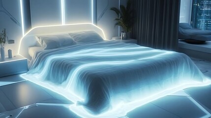 A futuristic blanket made of glowing fibers styled in a high tech minimalist room