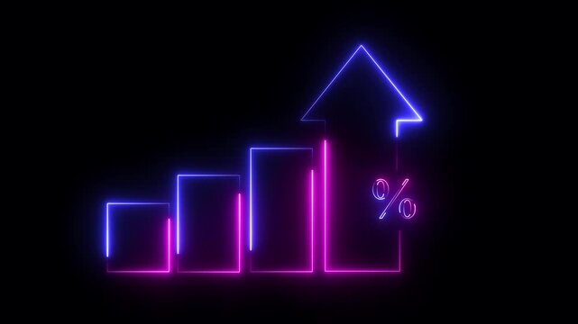 Profit high growth percent icon, stocks, financial, Interest rate and dividend concept. Glowing neon line animated graph and chart with percentage icon solaced on transparent background.
