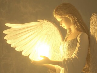 Ethereal Angel Holding a Glowing Light with Majestic Wings