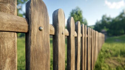 Rustic wooden fence in a sunny rural landscape. Close up view of weathered brown wooden pickets, nails visible. Green grassy field and distant trees