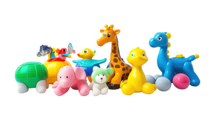 Obraz premium Assorted colorful children's toys arranged on a white background for playful learning and engagement