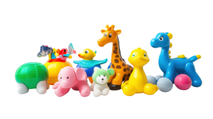 Assorted colorful children's toys arranged on a white background for playful learning and engagement