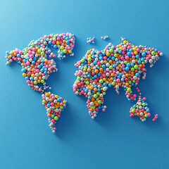 World map created from colorful spheres illustrating global unity and diversity through playful art