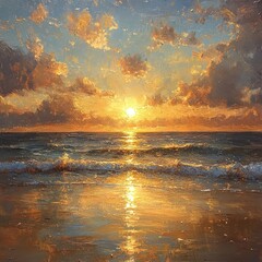 Vibrant sunset over calm ocean waves reflecting golden light on wet sand.