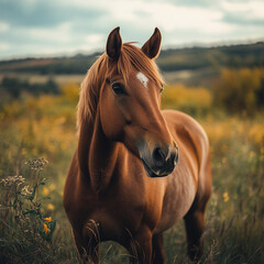 Obraz premium Brown horse standing gracefully in a green field during a calm evening with rolling hills in the background