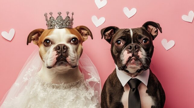 real picture of 2 dog couples getting married, the atmosphere is full of love and romance. 1 dog wearing a crown and wedding gown. 1 dog wearing a tie.