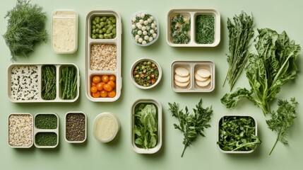 Healthy meal prep collage with neatly arranged portioned food boxes, fresh greens, and nutritional labels, ideal for fitness and diet-related ads.