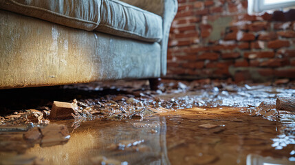 flooded basement with water pooling around couch, showcasing damage from snowmelt or burst pipe
