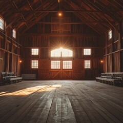 Interior view of a wooden barn featuring natural sunlight streaming through