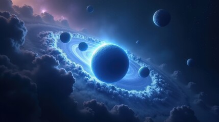 A cluster of massive blue hypergiant stars radiating energy, casting indigo and violet hues, cosmic winds sculpting abstract patterns in surrounding dust clouds.