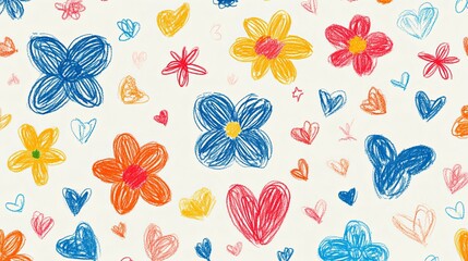 Colorful Crayon Flowers and Hearts Pattern Design