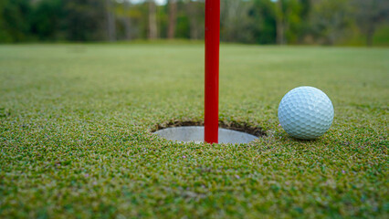 Golf ball on green grass in the evening golf course with sunshine background.