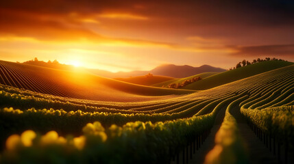 Fototapeta premium A stunning sunset illuminating rolling hills and lush vineyards, creating a picturesque landscape full of serenity and beauty.