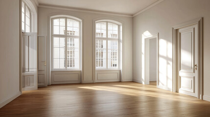 Obraz premium empty room with large windows, wooden floor, and natural light