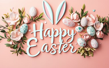 Elegant Calligraphy banner with text Happy Easter with bunny ears on top