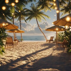 Obraz premium Tropical beach resort with palm trees, lounge chairs, and fairy lights. Beautiful tropical beach at sunset with palm trees, lounge chairs, umbrellas, and glowing string lights creating a relaxing atmo