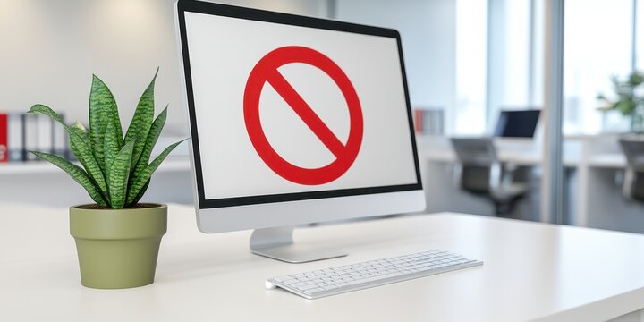 A modern office workspace features a computer displaying a large red prohibition symbol, a small potted plant sits on the desk, and blurred office