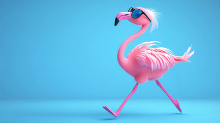 Obraz premium Cool Flamingo Walking on Blue Background - A pink flamingo wearing sunglasses strolls across a light blue background. Fun, summery
