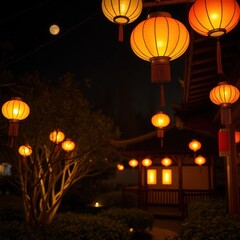 Traditional chinese garden at night, decorated with glowing lanterns for mid-autumn festival, creating a magical atmosphere under the full moon