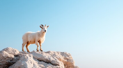 Fototapeta premium A lone goat perches on a rock, capturing the essence of freedom and nature's beauty, complemented by a stunning blue sky in the background that enhances its charm.