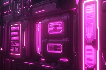 Obraz premium Futuristic Neon Wall with Glowing Pink Lights and Dark Background