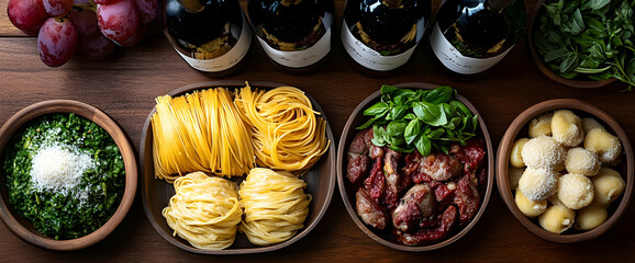 Assorted Italian Dishes On Wooden Table