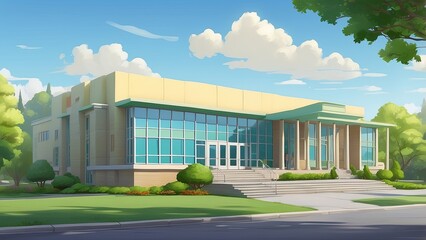 Contemporary School Building: Main Entrance and Front Courtyard.