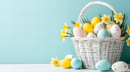 Colorful easter egg basket with daffodils on light blue background