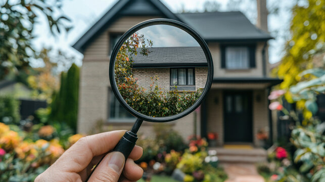 person inspecting house with magnifying glass, showcasing home details and garden