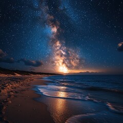 Milky Way galaxy over tranquil ocean beach at night.