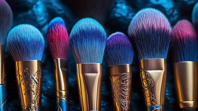 A collection of colorful makeup brushes with vibrant bristles arranged in a row.