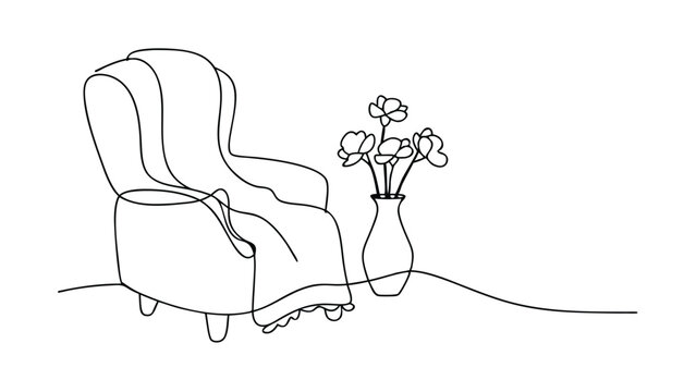 recommend clip art: Cozy Armchair, Blanket, Flowers, Vase, Line Art, Home Decor, Relaxation, Comfort, Minimalist, Drawin