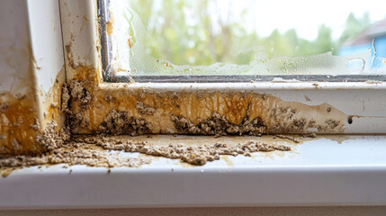 Mold growth in corner of plastic window, showing moisture damage and decay