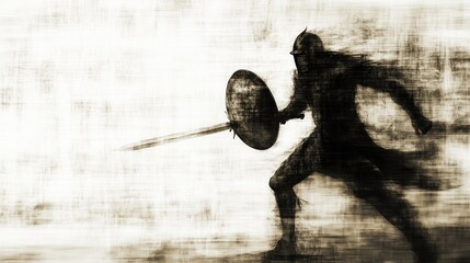 A soldier in battle, with blurred movements creating a sense of action. Wearing helmets and armor and their swords held high while carrying shields

