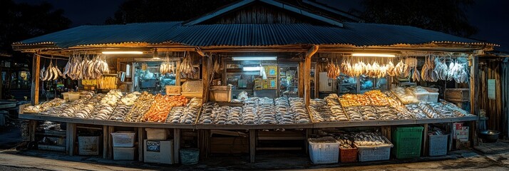 Night market seafood stall with various dried and fresh fish.