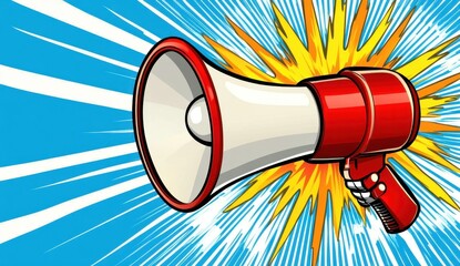 Red and white megaphone announcement with vibrant yellow and orange burst on a blue background. Retro comic book style illustration