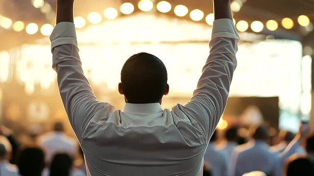 Person praying with hands raised in a worship setting