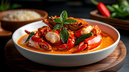 A vibrant bowl of crab curry garnished with fresh herbs, served with rice and colorful ingredients on a dark background.
