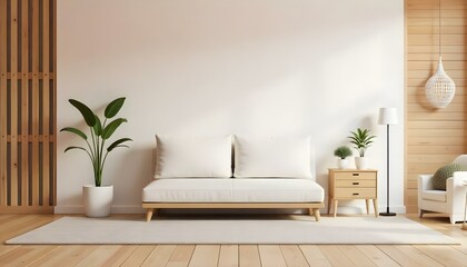 A white couch with two pillows, a small table with a plant, a wooden floor, and a white wall in the living room