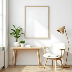 A blank frame on a white wall, a wooden table with plants, a white chair, and a wooden lamp on a wooden floor
